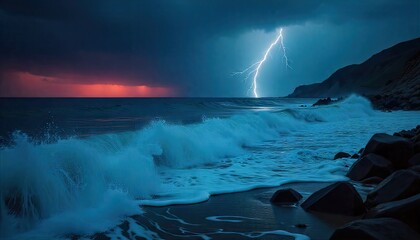 Naklejka premium Dramatic ocean storm with powerful lightning strike illuminating crashing waves on rocky shore