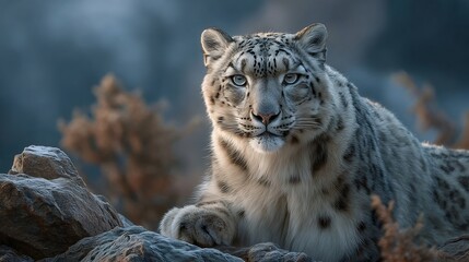 Obraz premium Snow leopard resting on rocks in mountain wilderness