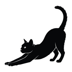 Silhouette of a Playful Cat: A sleek black cat gracefully stretches, embodying the essence of feline flexibility. The stylized artwork captures the cat's playful essence.
