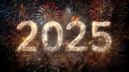 Fireworks explode behind 2025 formed from glowing sparks set against a dark sky