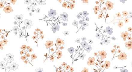 A delicate floral pattern featuring small clusters of light peach and muted blue flowers scattered across a clean white background.