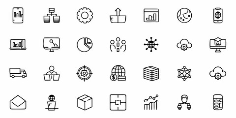 Collection of business and technology icons representing data analysis and global network concepts shown in black