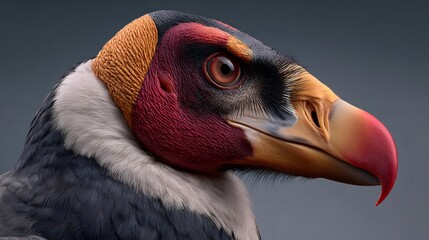 California condor head close up against gray background