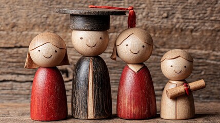 Four wooden figures likely representing a family posed on a textured wooden surface with the male graduate in a cap
