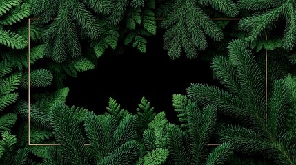 Frame of fir branches around black void Golden rectangle outlines space