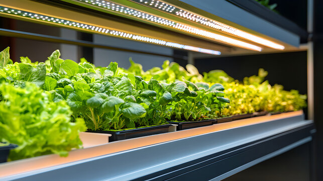 Indoor hydroponic lettuce vertical farming LED grow lights glass greenhouse smart irrigation leafy greens sustainable agriculture modern technology fresh produce controlled climate