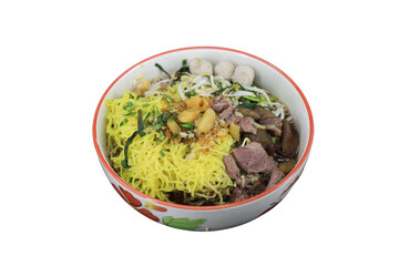 Golden Noodles Delight: A vibrant close-up showcases a delicious bowl of golden egg noodles, beautifully complemented by savory meat, fresh greens, and flavorful toppings, a true culinary masterpiece.