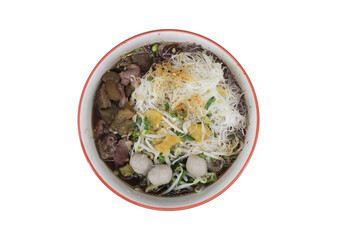 Thai Boat Noodles: A vibrant top-down perspective showcasing the savory allure of Thai boat noodles. The dish, a culinary icon, tantalizes with its rich broth, tender noodles, and fresh garnishes.