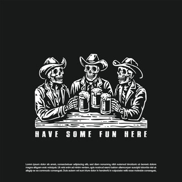 Retro hand drawn  skeleton cowboy sit together and drinking beer cheering isolated on black background
