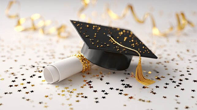 Graduation cap and diploma are on a table with gold star confetti and gold ribbons