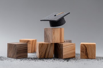 Gray mortarboard hovering atop stacked wooden blocks on a gray surface with scattered specks