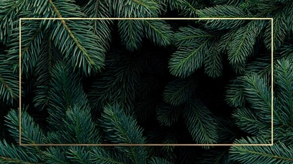 Green pine branches densely fill frame defined by a thin gold rectangle