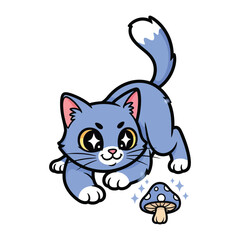 Curious Kitty's Enchanted Encounter: This adorable illustration features a whimsical blue kitten captivated by a mystical mushroom, sparking curiosity and delight. 