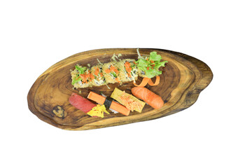 Delectable Sushi on Wooden Platter: A meticulously arranged assortment of fresh sushi, including vibrant rolls and nigiri, artfully presented on a rustic wooden platter.