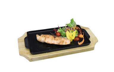 Gourmet Grilled Salmon with Salad: Savor the culinary artistry of a perfectly grilled salmon fillet, served on a bed of a wooden plate and a mix of colorful side salad.