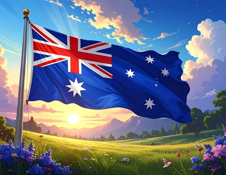 Australian flag waving over a vibrant landscape at sunrise