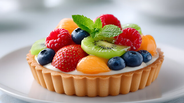 Fresh fruit tart pastry crust vanilla cream mixed berry kiwi slice mint leaf glossy glaze dessert bakery gourmet