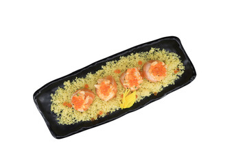 Exquisite Seared Scallop Platter: A beautifully composed shot of perfectly seared scallop, delicately presented on a stylish plate, offering a feast for the eyes and a promise of culinary delight.