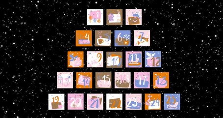 Christmas advent calendar sheets with drawings cute colorful ornaments, number of day of december. Calendar tear on December 1st sheet opens chroma green screen. Christmas 4K video graphic animation