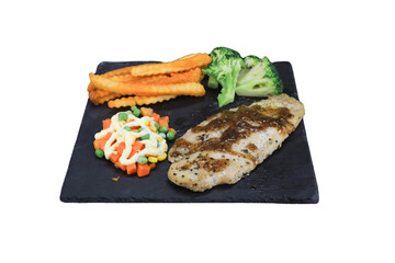 Grilled Fish Steak with Sides: A mouthwatering serving of perfectly grilled fish steak, accompanied by golden-brown fries, vibrant broccoli, and a colorful vegetable medley.