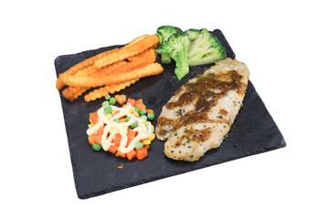 Culinary Delights: An appetizing arrangement of a beautifully grilled chicken fillet, vibrant vegetables, and golden-brown french fries, exquisitely presented on a sleek black serving platter.