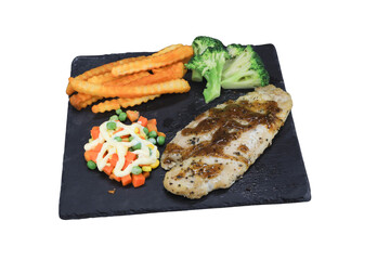Culinary Delight: A delicious meal of grilled fish fillet, accompanied by a vibrant mix of vegetables, crispy fries, a medley of fresh greens, all artistically presented on a modern platter.