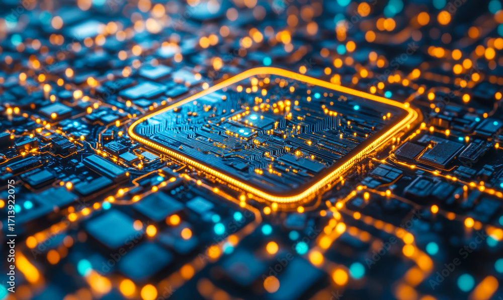 Poster close-up of illuminated computer microchip with glowing circuit pathways on modern electronic mother