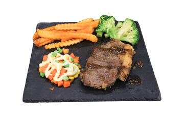 Steak Plate Culinary Delight: A visually enticing presentation of a juicy steak served with a medley of complementary sides, including perfectly cooked fries, vibrant broccoli florets.