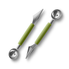 A double-ended kitchen utensil with a vibrant green handle, combining a serrated knife and a melon baller for versatile food preparation.