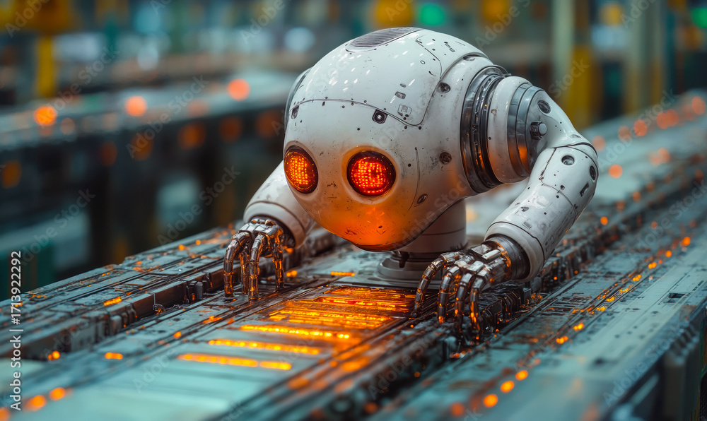 Aufkleber futuristic white robot with glowing orange eyes working on illuminated high-tech control panel in ad