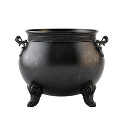 Antique ornate black cauldron with decorative handles and feet kettle vintage isolated on a transparent background