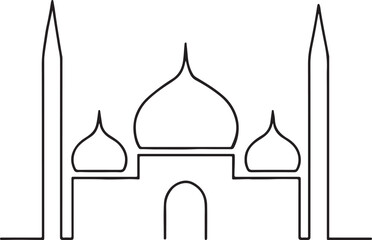 Minimalist line art illustration of a mosque depicting islamic architecture and culture in black and white