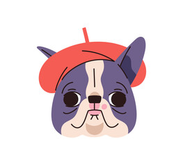 Cute French Bulldog with red beret hat and happy muzzle. Avatar of funny dog wearing hat. Portrait of fluffy puppy, pet with amusing face. Flat isolated vector illustration on white background