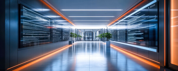 Fototapeta premium Modern corporate building entrance hallway with illuminated electronic directory and sleek architectural design highlighting advanced technology and business sophistication