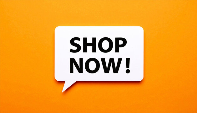 White rectangular bubble with SHOP NOW text in bold black capital letters, business promo