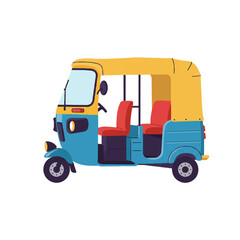 A vibrant flat 2D vector illustration showcases a traditional auto rickshaw with a clear driver seat, depicted cleanly against a plain white background, ready for travel.