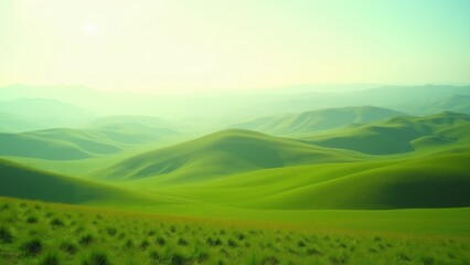 Rolling green hills stretching under a soft sunrise, layered with misty mountains and lush valleys in a serene countryside, bright open sky, concept of travel agency, eco tourism, nature photography