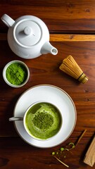 Top view of matcha preparation set, traditional bamboo whisk (chasen), matcha bowl with green tea powder, bamboo scoop (chashaku), and small sifter on a clean white background, minimalist flat lay