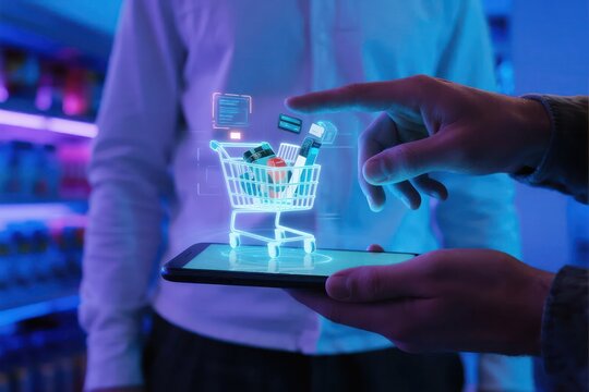 Online shopping concept Hand using smartphone with digital shopping cart - Powered by Adobe