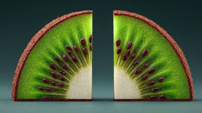 Two perfectly symmetrical kiwi slices, bisected, showcasing vibrant green flesh, tiny dark seeds, and brown, slightly fuzzy skin against a muted green backdrop
