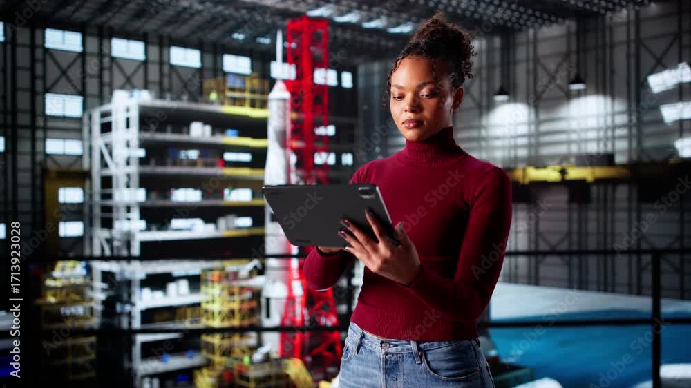 Poster female engineer operating computer system