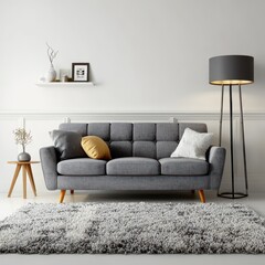 Serene Minimalist Living Room featuring a Tufted Grey Sofa, Plush Shaggy Rug, and a Pop of Mustard.