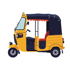 Fototapeta premium A bright and simple flat 2D vector illustration of a classic vintage auto rickshaw stands out prominently on a pristine white background, ideal for travel or retro concepts.
