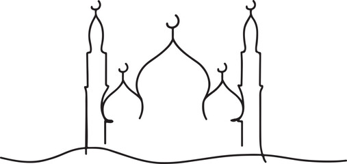 Minimalist line art illustration of a mosque depicting islamic architecture and culture in black and white