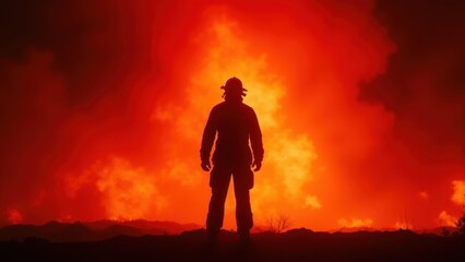 A dynamic scene of a firefighter in full gear battling blazing flames on a city street, smoke billowing behind him. The dramatic lighting emphasizes his determined expression