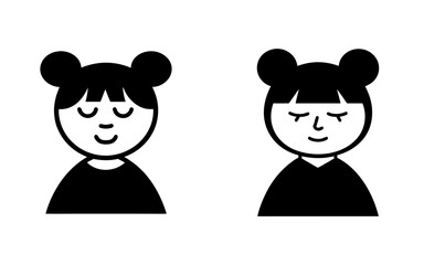 Two minimalist black and white illustrations of a girl with space buns and closed eyes in a simple style