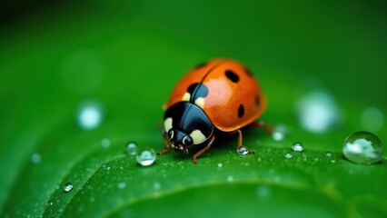 Fototapeta premium An intimate macro shot featuring a vibrant ladybug perched on a green leaf adorned with dew drops. 