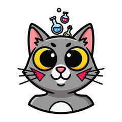 Clever Cat's Experiment: A whimsical and captivating illustration of a cat contemplating scientific experiments, with test tubes floating above its head, ideal for scientific and educational themes.