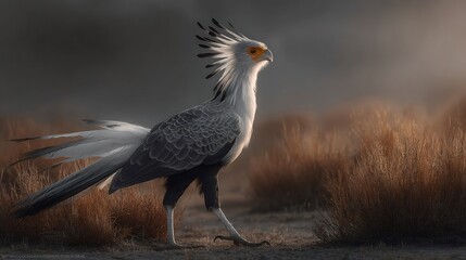 Obraz premium Secretarybird walking in african savanna grassland