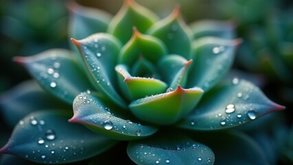 Succulent glistening with dew drops in a lush garden setting, vibrant green leaves with water droplets in a natural outdoor environment, blurred background, concept of gardening, horticulture, nature